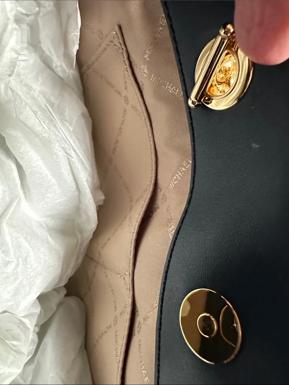 Michael Kors Navy Pebbled Leather Shoulder Tote with Gold Chain Straps